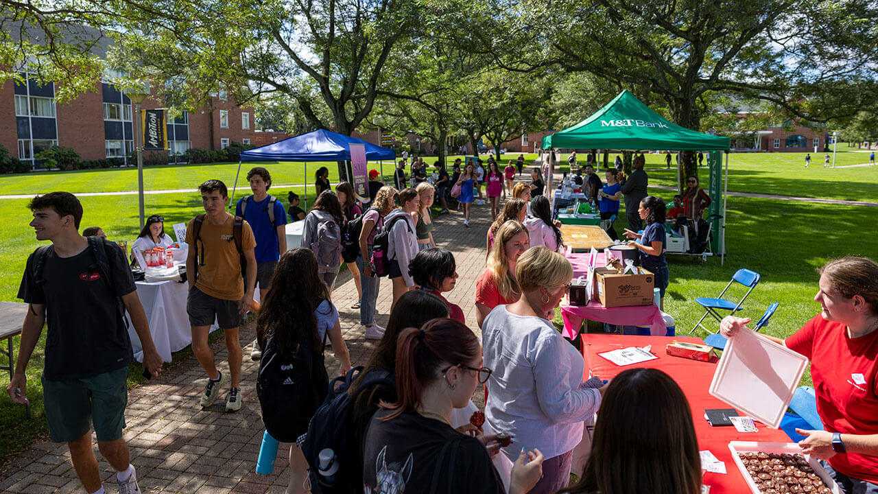 Dozens of students walk down the quad paths visiting with local business owners